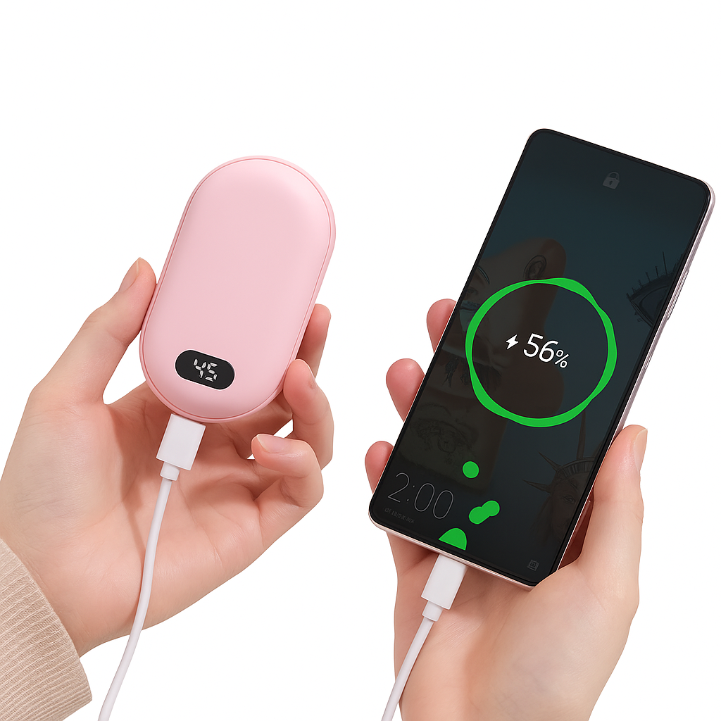 Pink portable charger being used to charge a smartphone with a visible charging percentage on the screen.