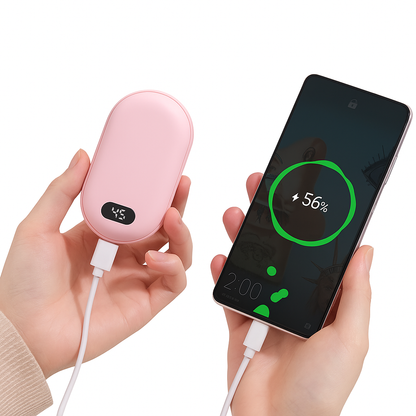 Pink portable charger being used to charge a smartphone with a visible charging percentage on the screen.